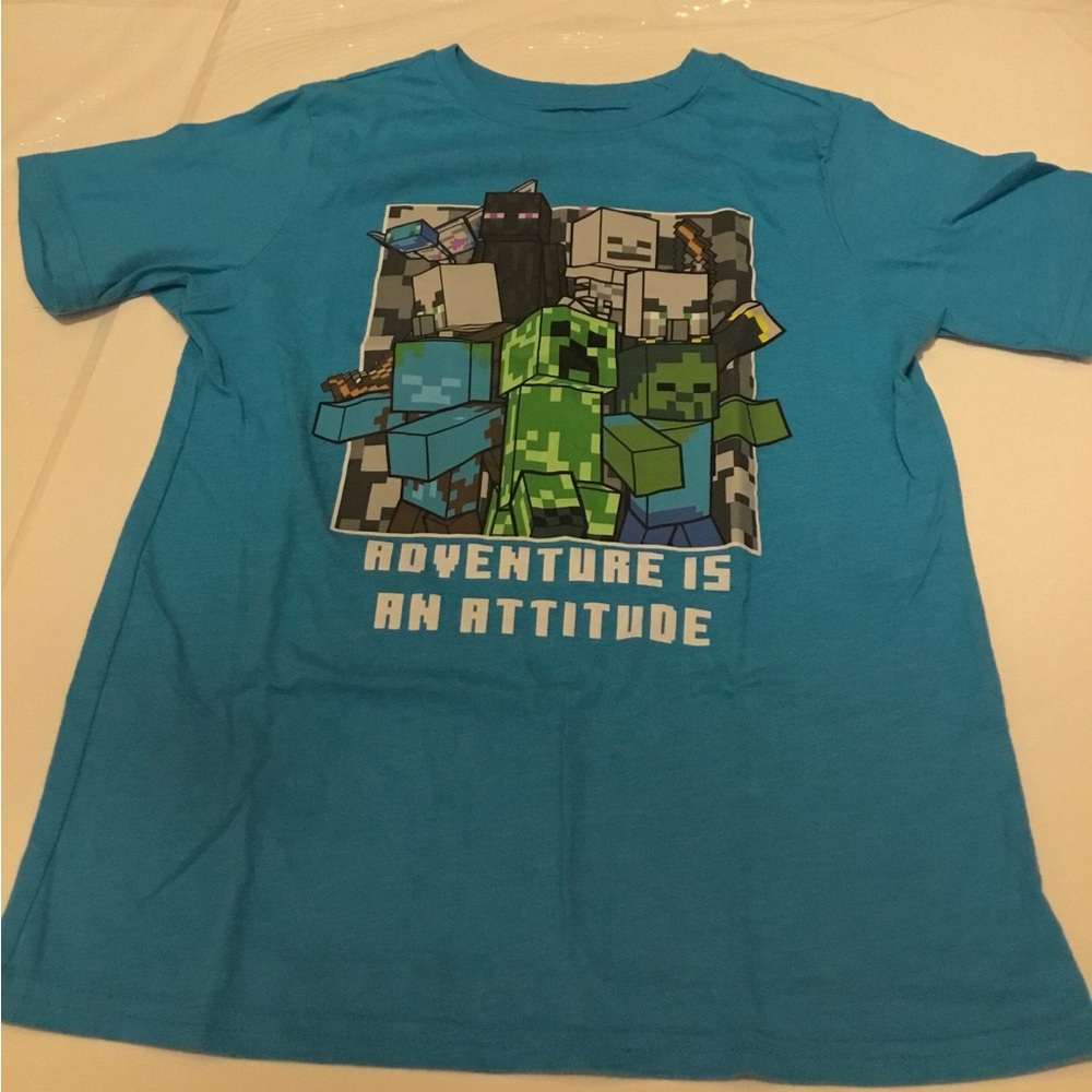 Boys Minecraft Creeper Short Sleeve T-shirt Blue Large